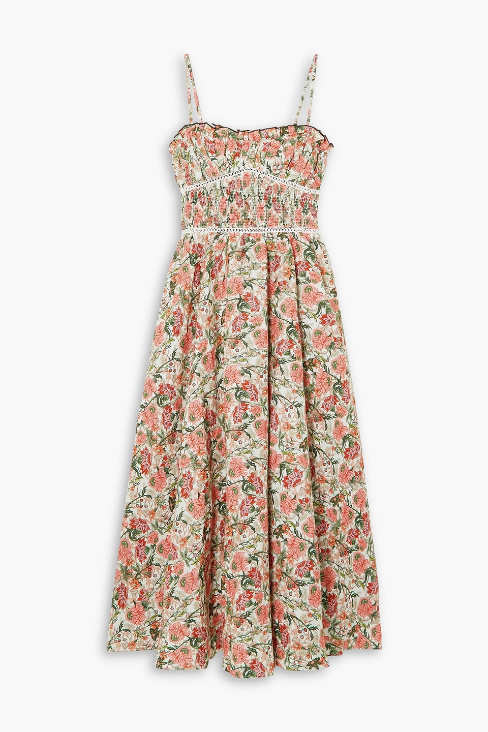 Lug Von Siga Melody Shirred Floral-print Linen Midi Dress In Ecru