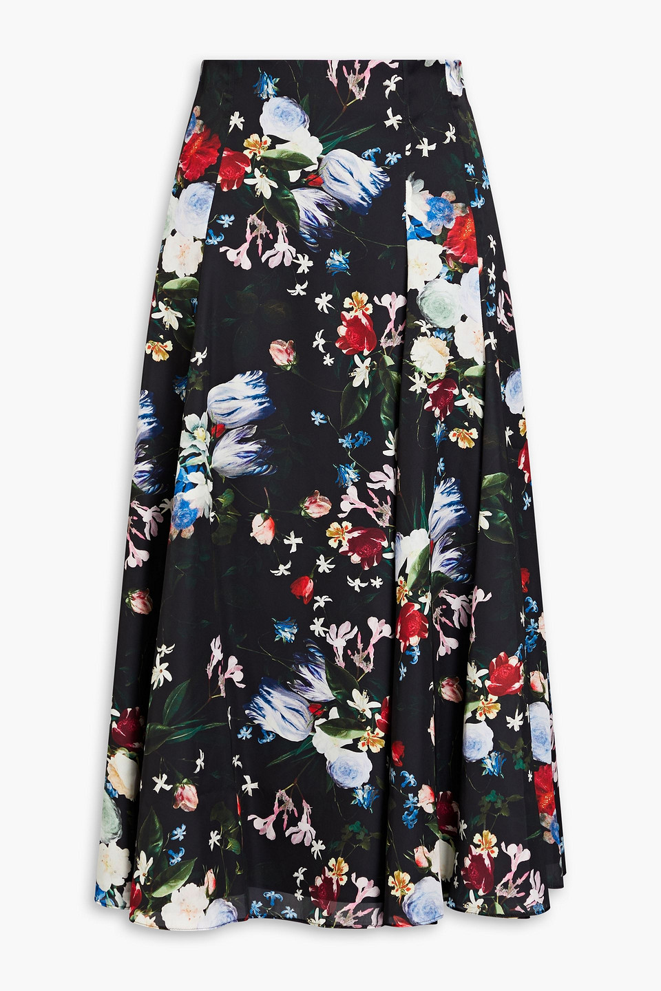 Erdem Floral-print Satin Midi Skirt In Black