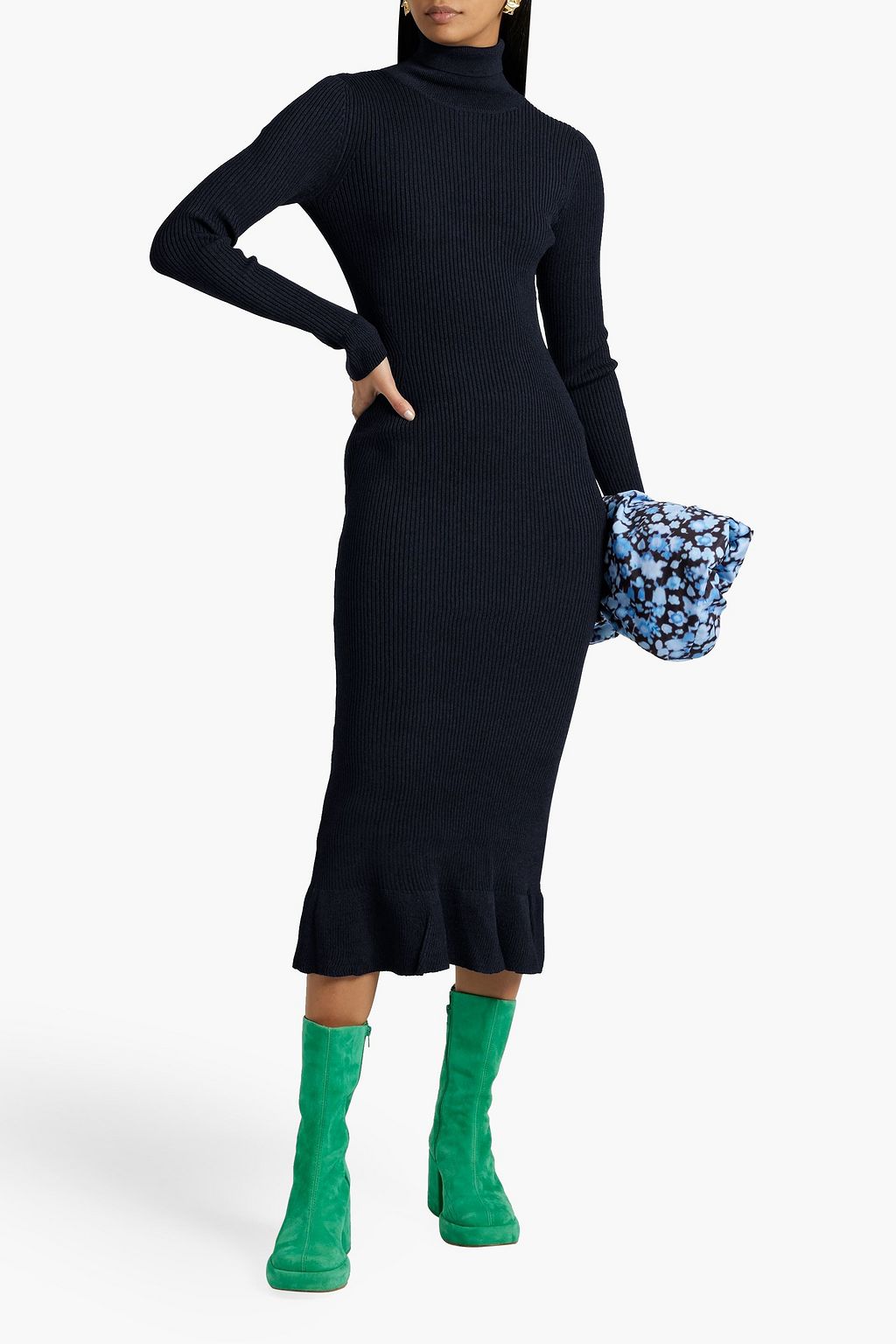 GANNI Bow-detailed ribbed-knit midi dress