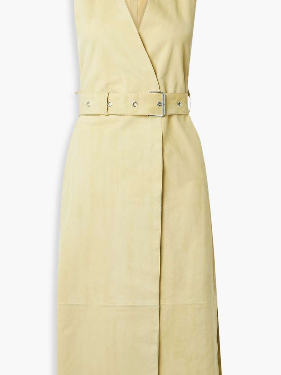 whipstitched belted suede midi wrap dress
