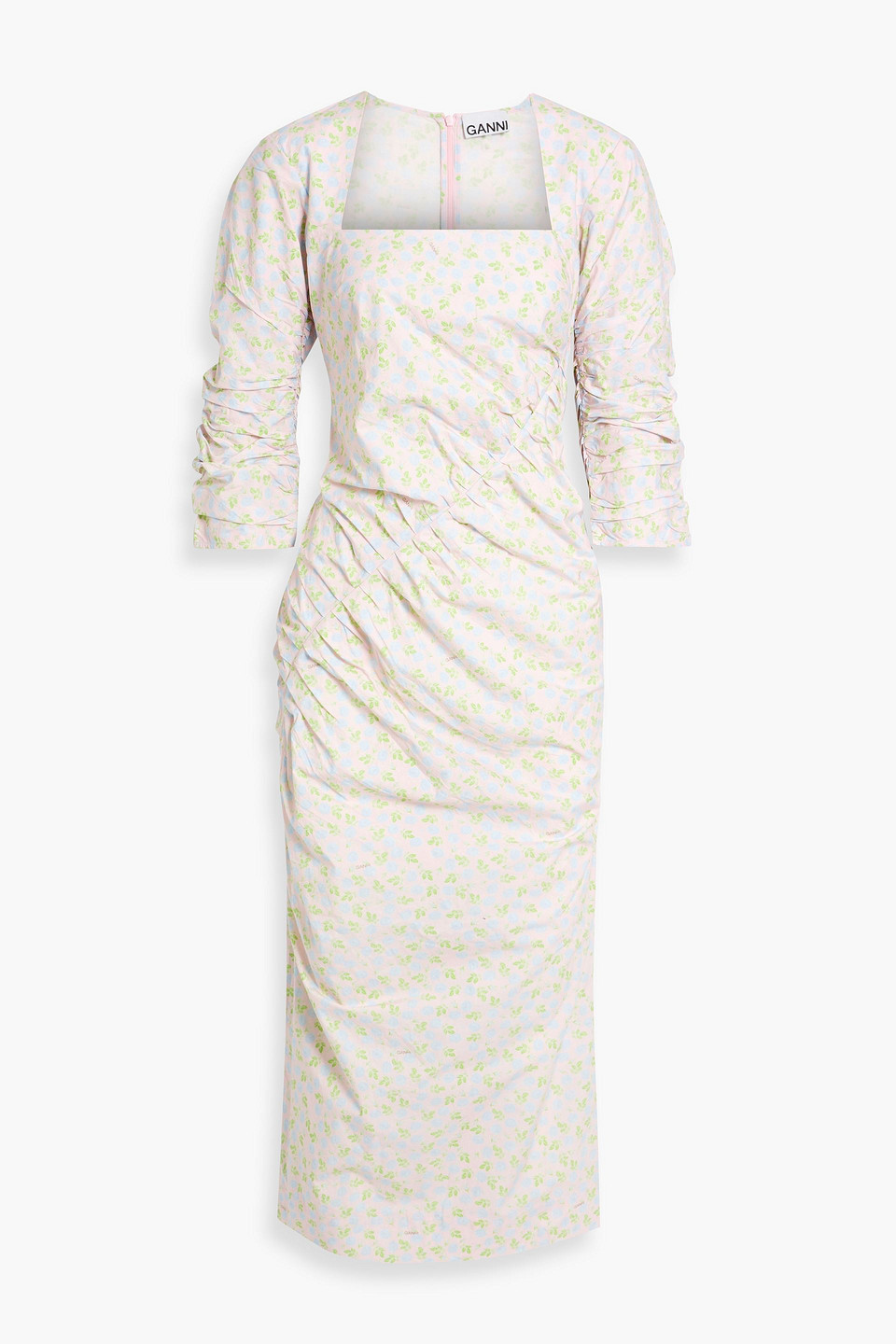 GANNI - Pleated crinkled cotton-poplin midi dress - Pink - DE 40