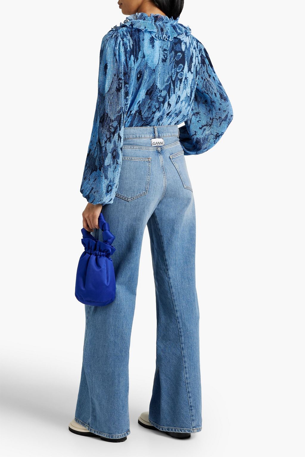 GANNI Ruffled printed plissé-chiffon blouse