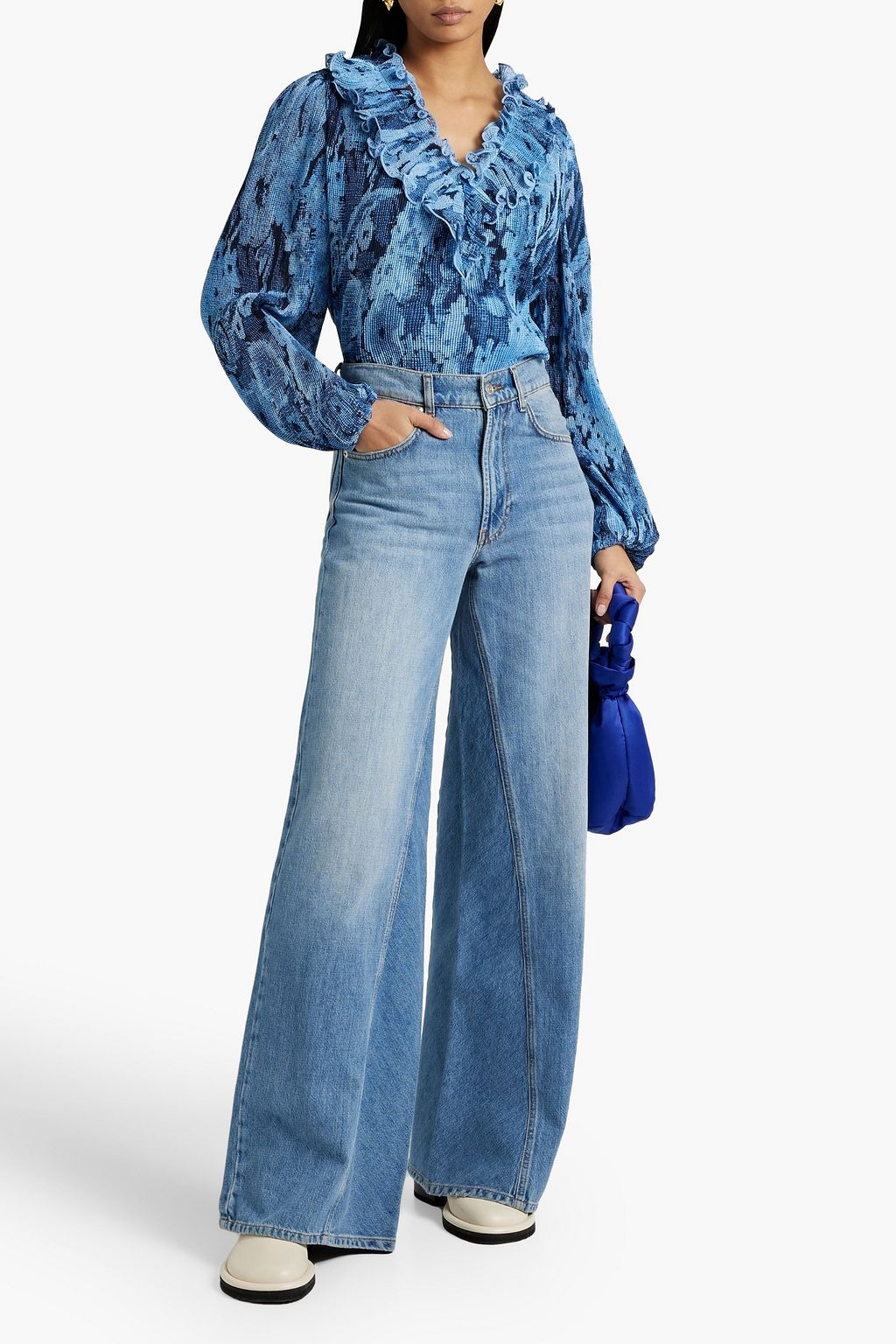GANNI Ruffled printed plissé-chiffon blouse