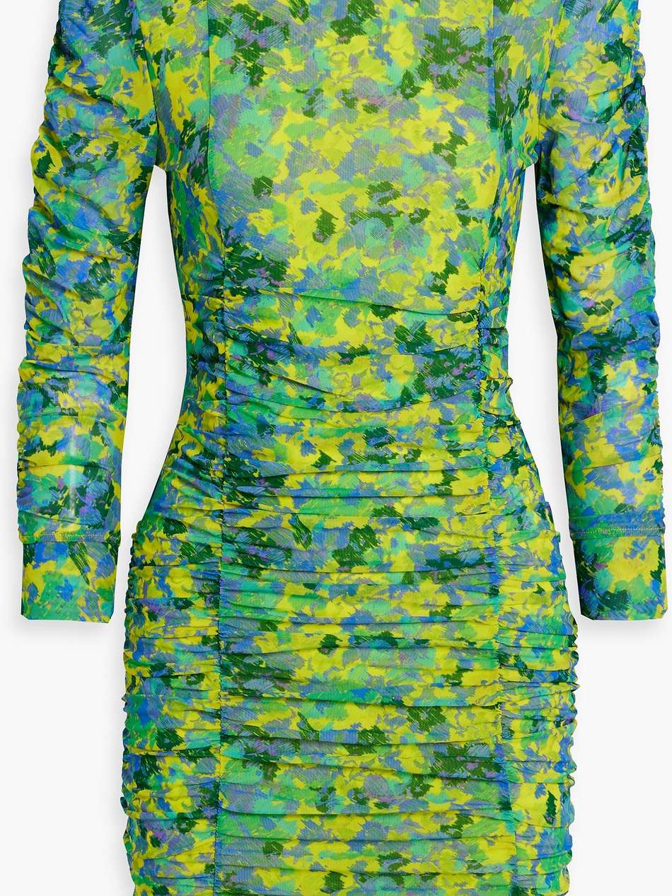 ruched printed stretch-mesh mini dress