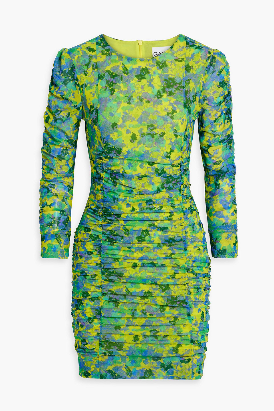 Shop Ganni Ruched Printed Stretch-mesh Mini Dress In Bright Green