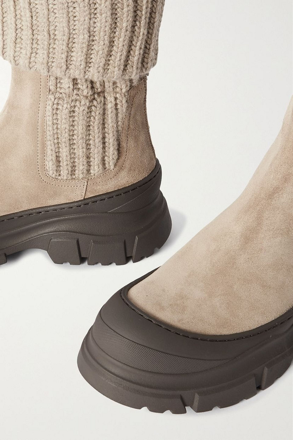Brunello Cucinelli Suede-trimmed Ribbed-knit Ankle Boots In Beige