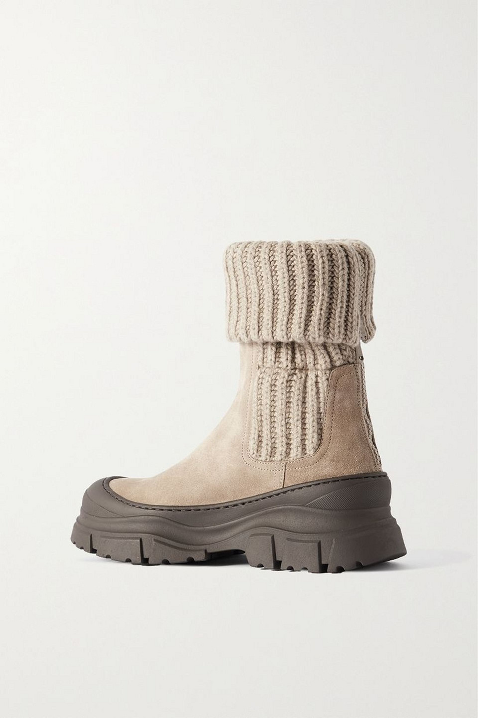 Brunello Cucinelli Suede-trimmed Ribbed-knit Ankle Boots In Beige