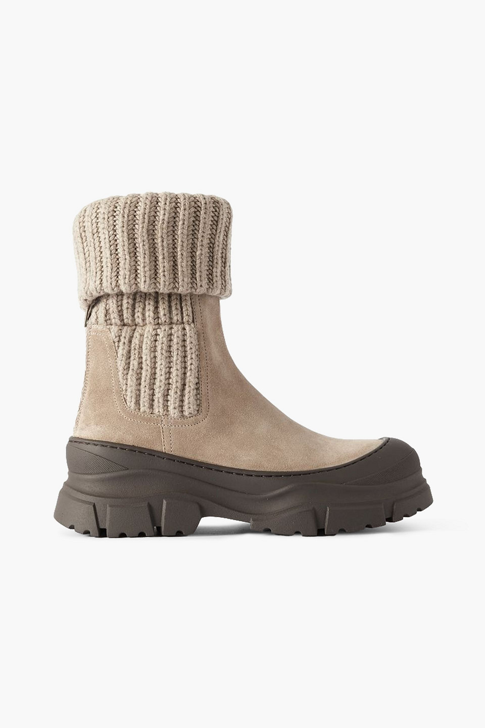 Brunello Cucinelli Suede-trimmed Ribbed-knit Ankle Boots In Beige