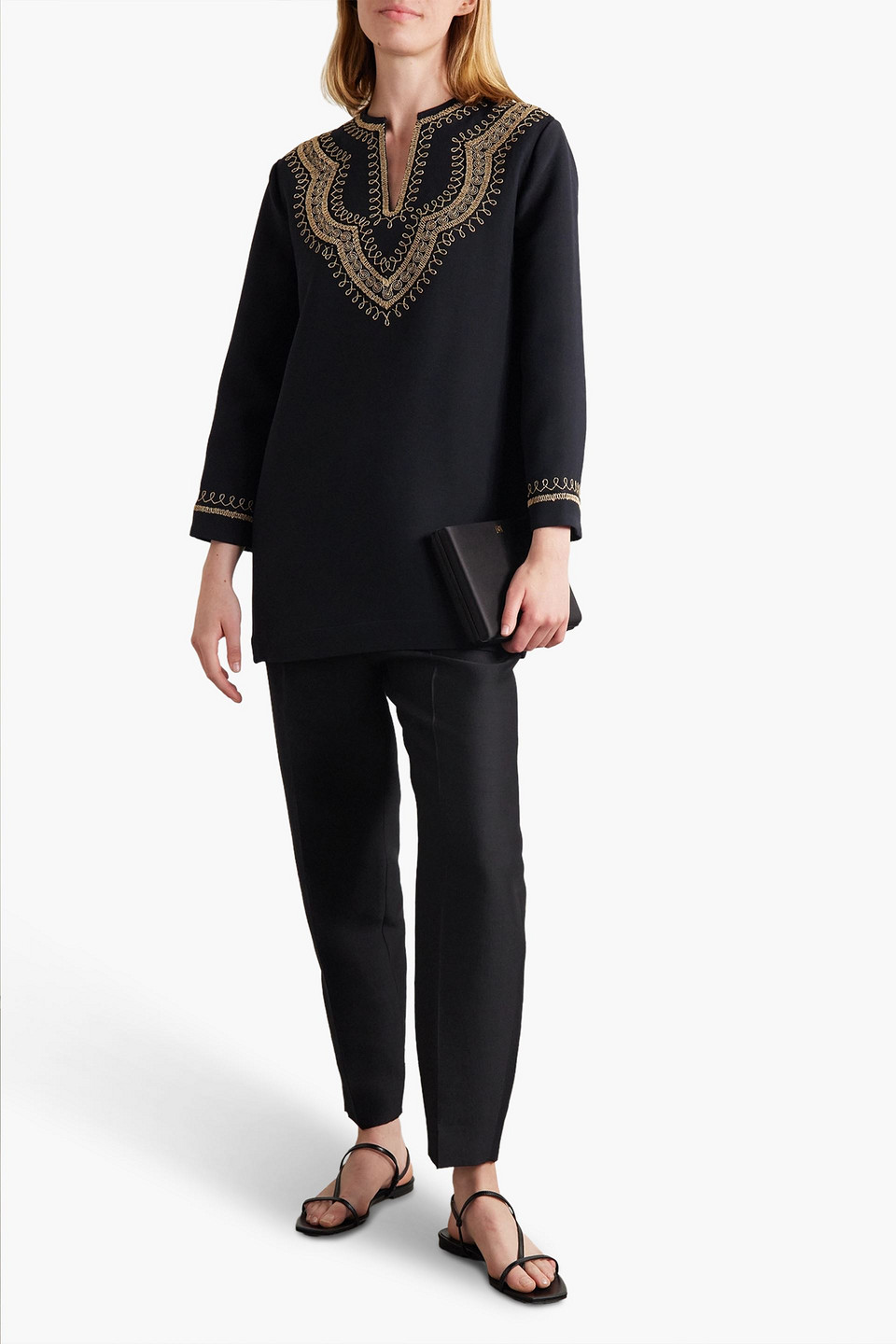 Shop Nili Lotan Karine Embroidered Wool And Silk-blend Tunic In Black