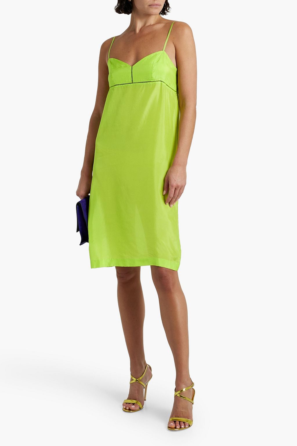 DRIES VAN NOTEN Lattice-trimmed neon silk-charmeuse slip dress