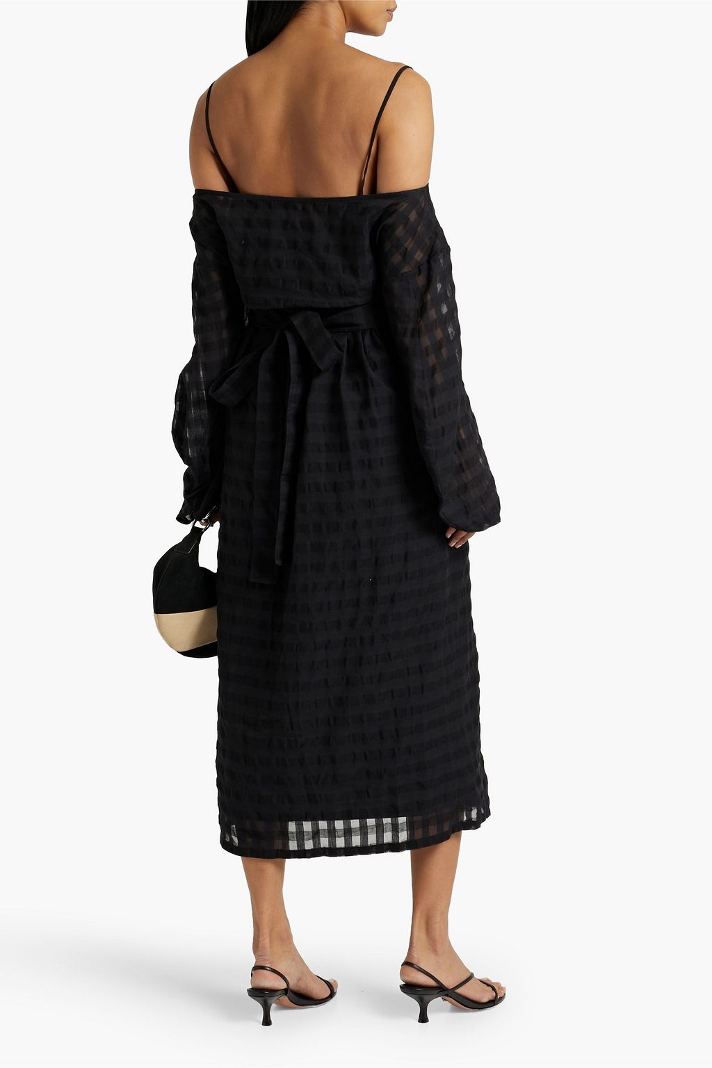 DEVEAUX Belted cold-shoulder checked seersucker midi dress