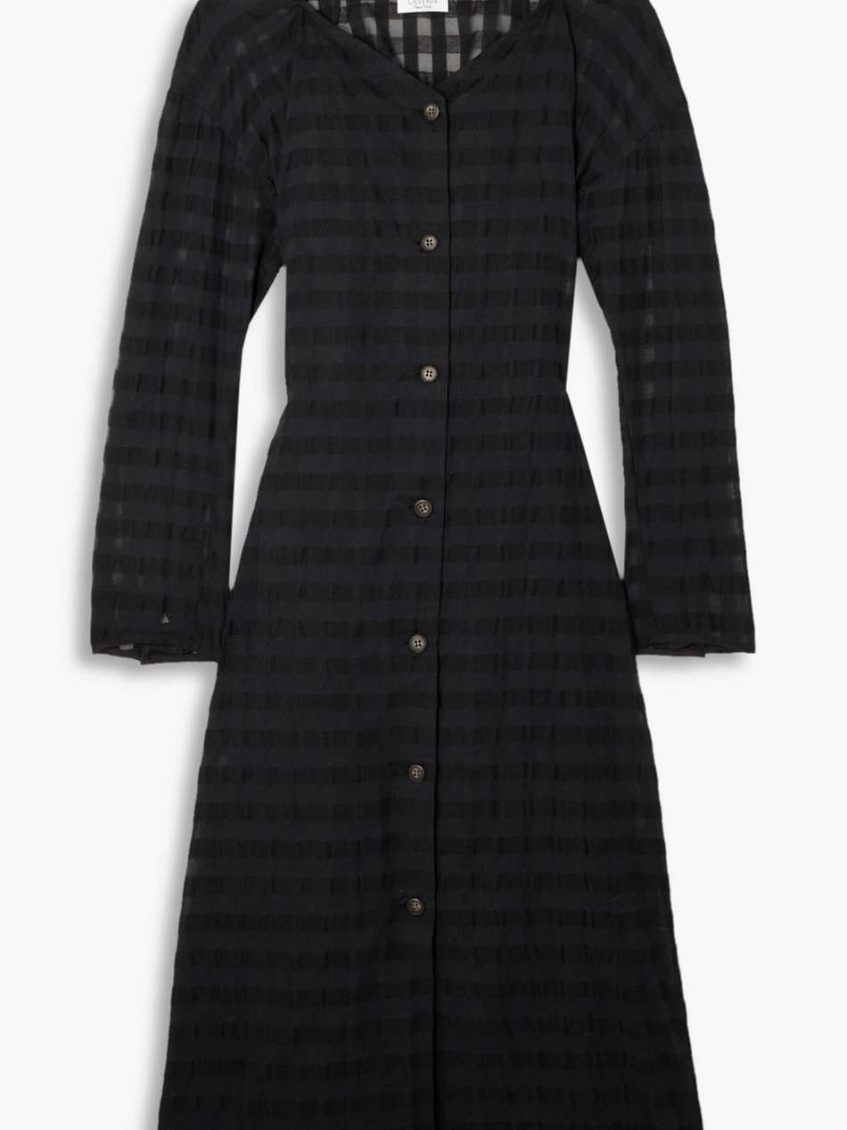 belted cold-shoulder checked seersucker midi dress