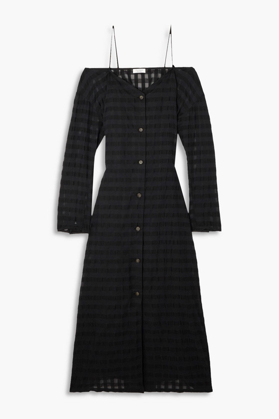 Belted cold-shoulder checked seersucker midi dress