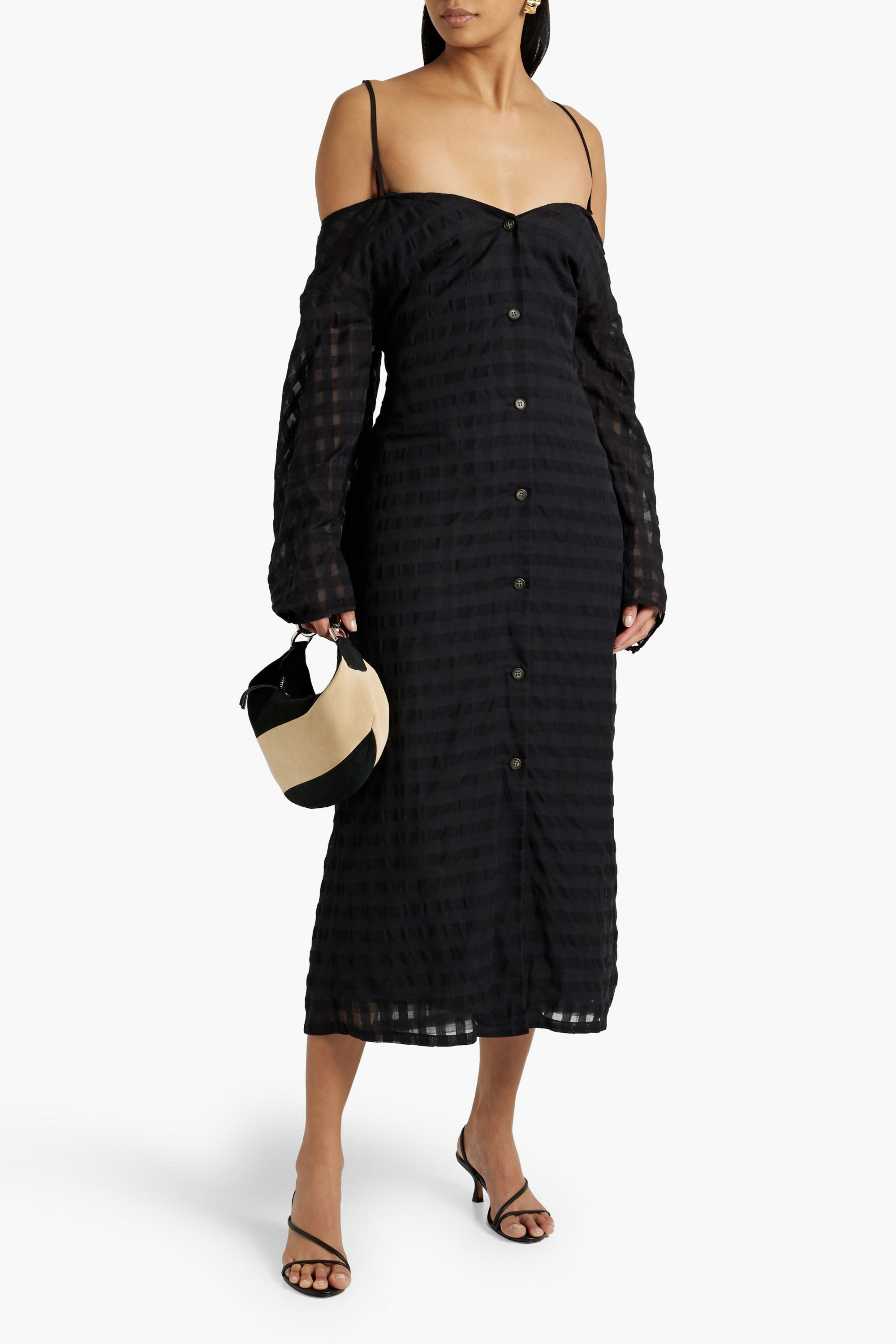 DEVEAUX Belted cold-shoulder checked seersucker midi dress