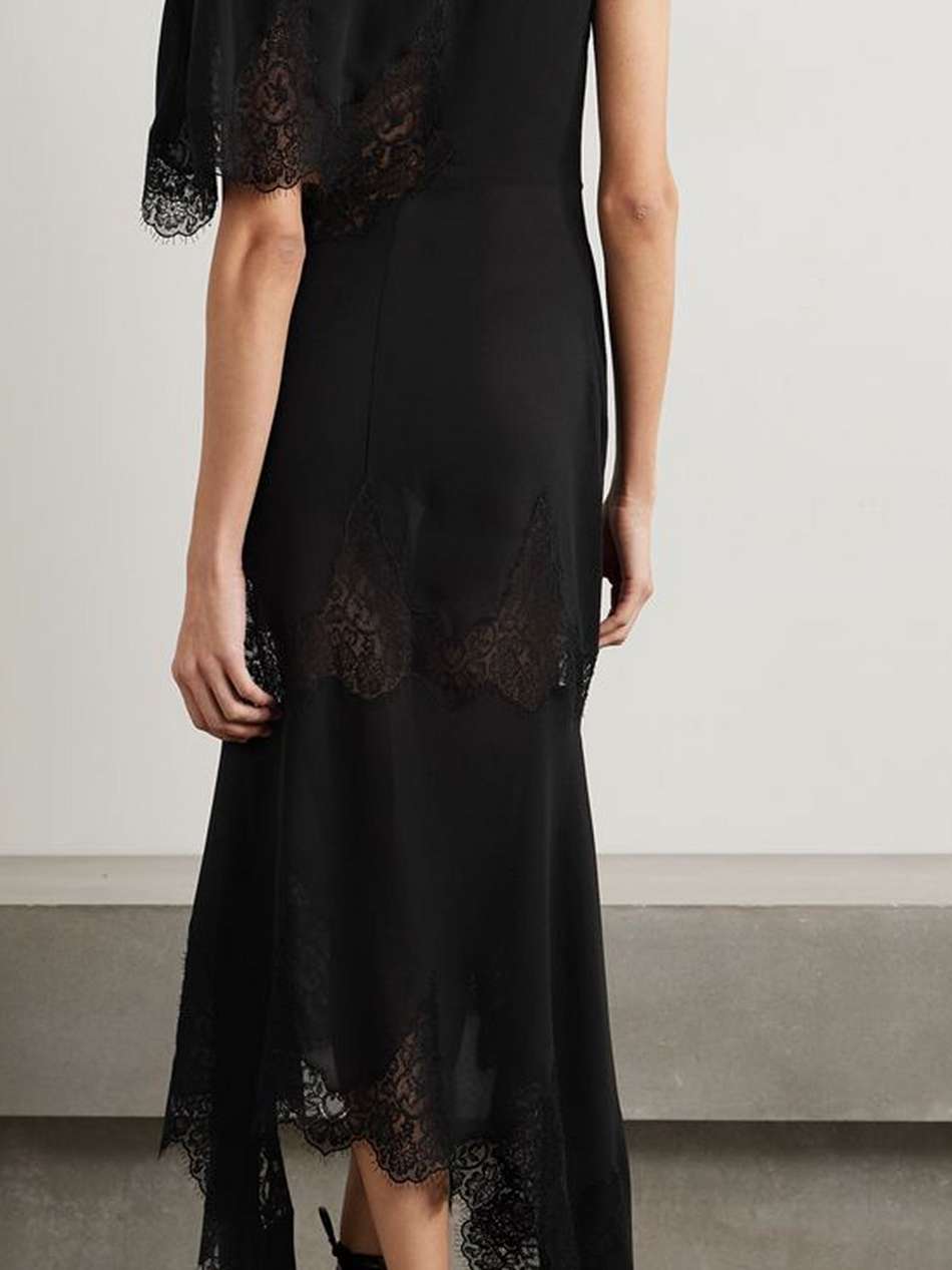 asymmetric guipure lace-trimmed silk-georgette maxi dress