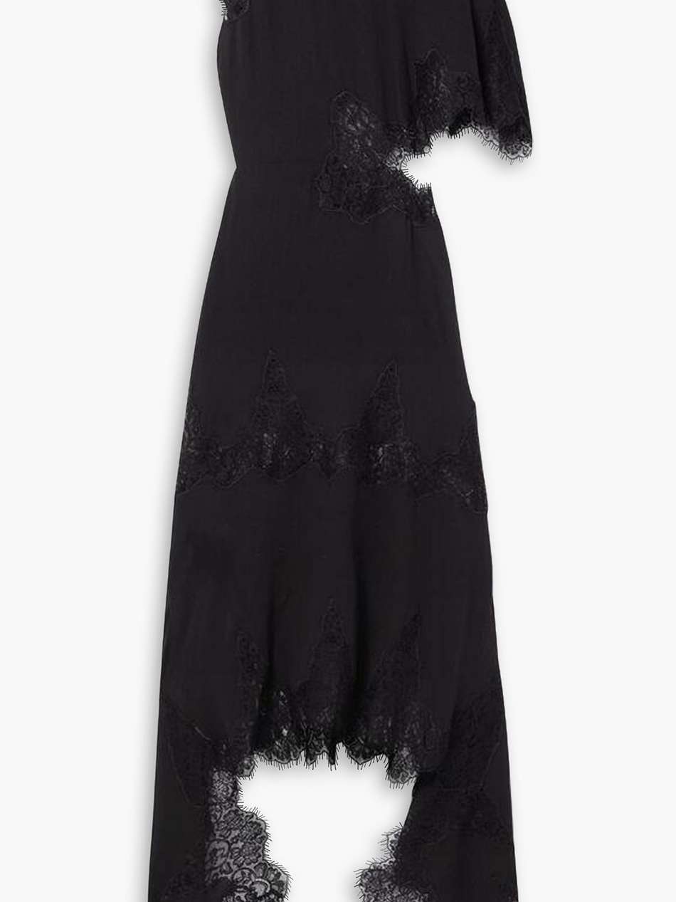 asymmetric guipure lace-trimmed silk-georgette maxi dress