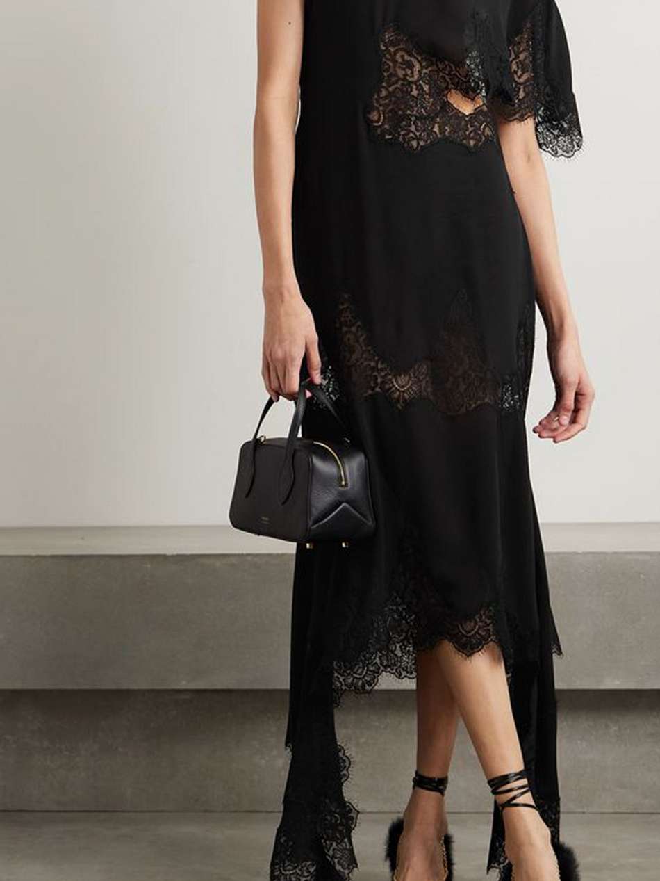 asymmetric guipure lace-trimmed silk-georgette maxi dress