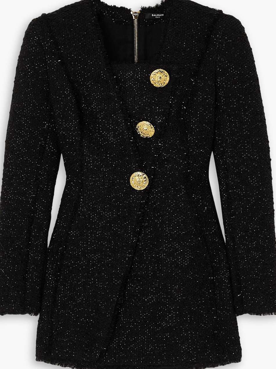 embellished metallic tweed mini dress