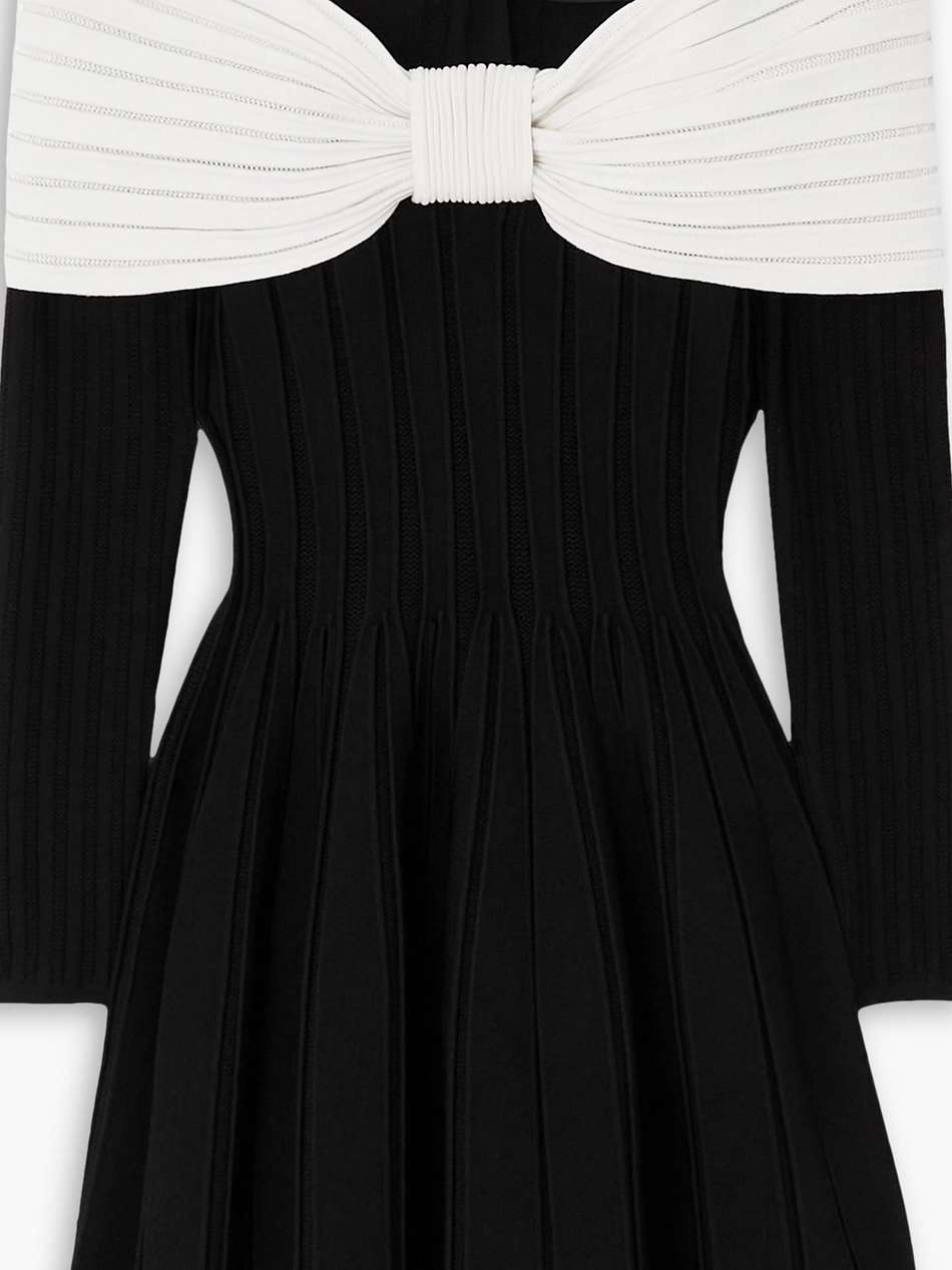 off-the-shoulder two-tone ribbed knit mini dress
