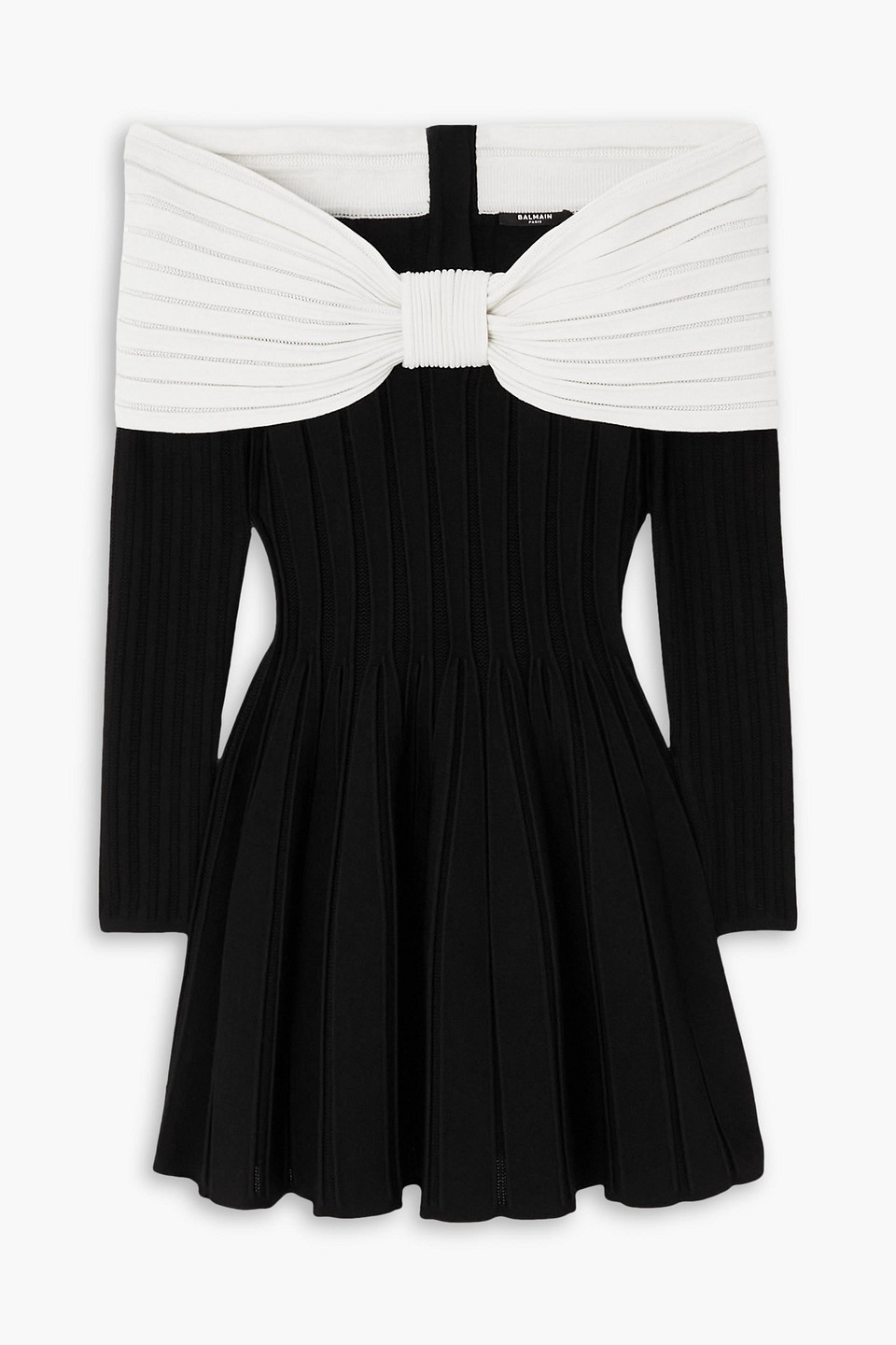Balmain Off-the-shoulder Two-tone Ribbed-knit Mini Dress In Black