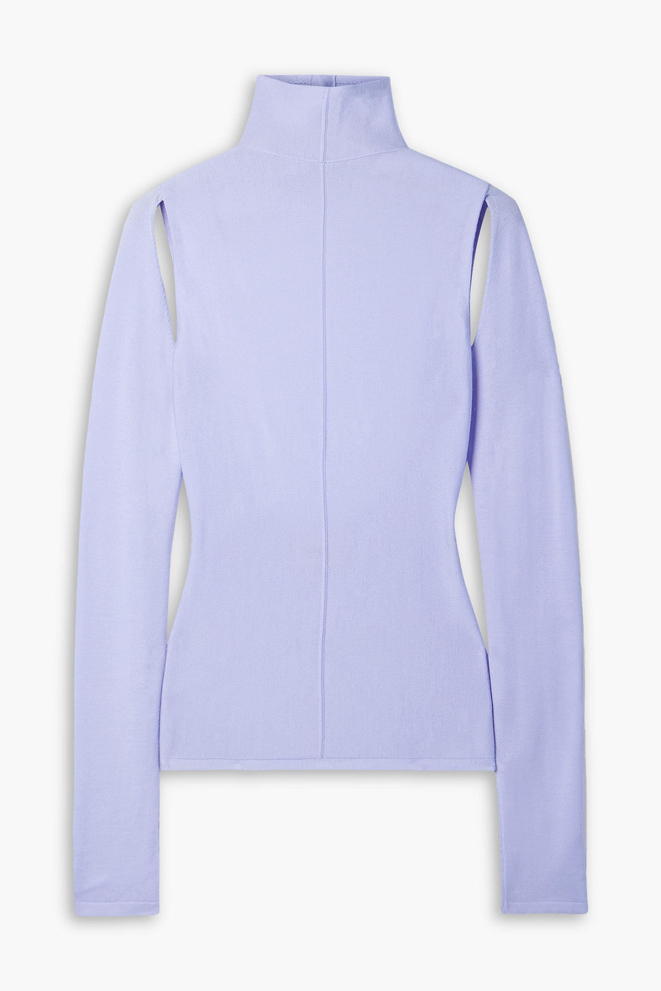 Khaite Marlowe Cutout Merino Wool Turtleneck Top In Lavender