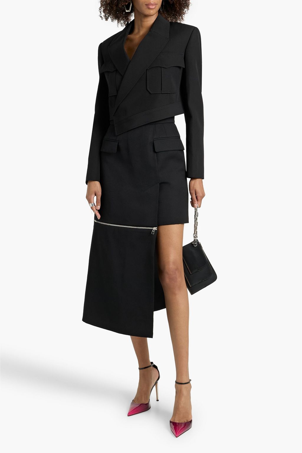 MCQUEEN Asymmetric zip-detailed grain de poudre wool skirt | THE