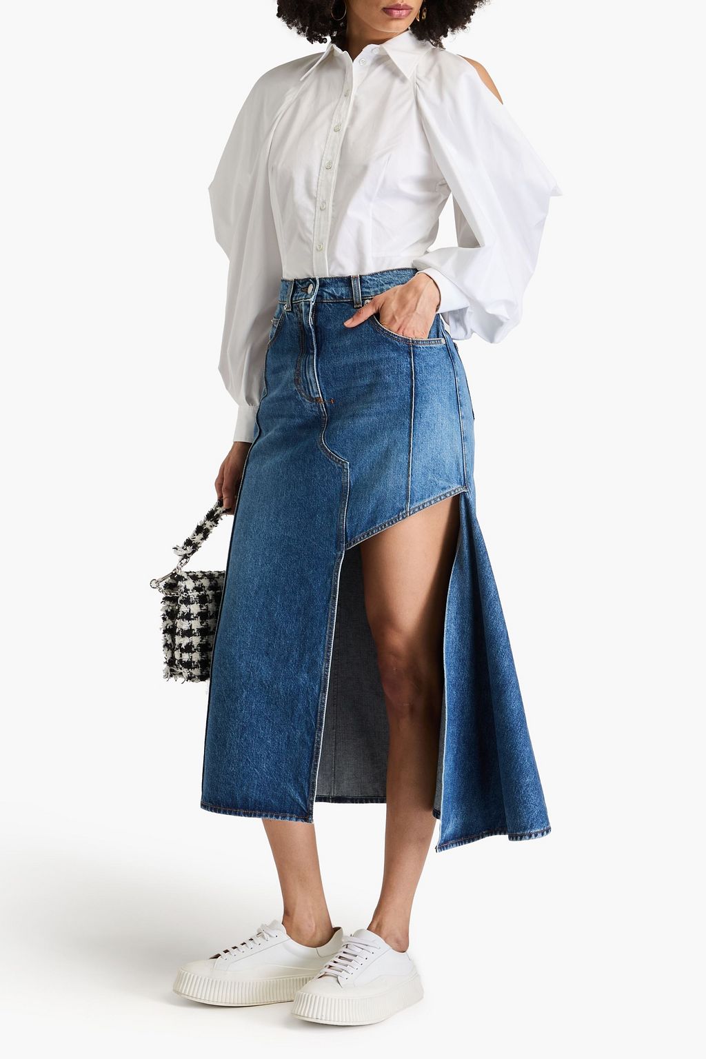 MCQUEEN Asymmetric denim midi skirt