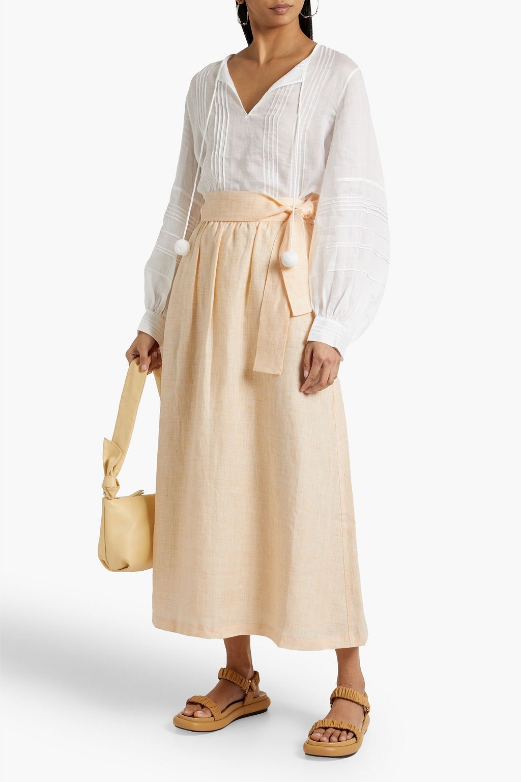 LAFAYETTE 148 개더 디테일 멜란지 리넨 미디 스커트