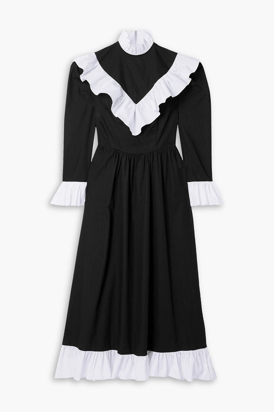 Batsheva Carol Two-tone Ruffled Cotton-poplin Maxi Dress In Black