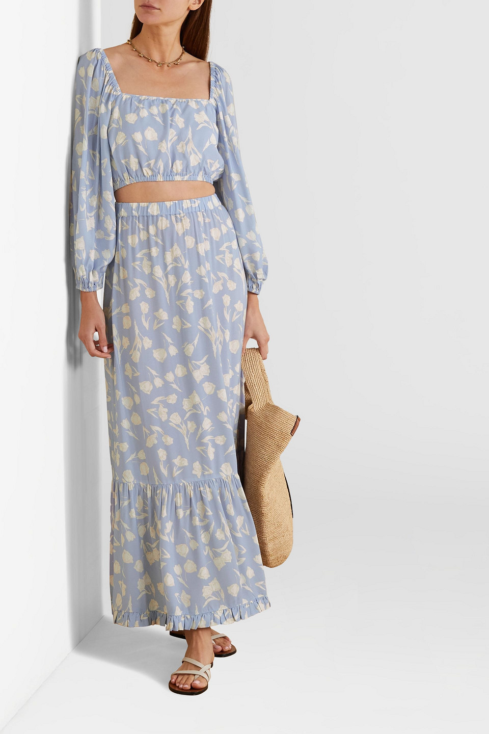 Peony + Net Sustain Cropped Floral-print Woven Top In Light Blue