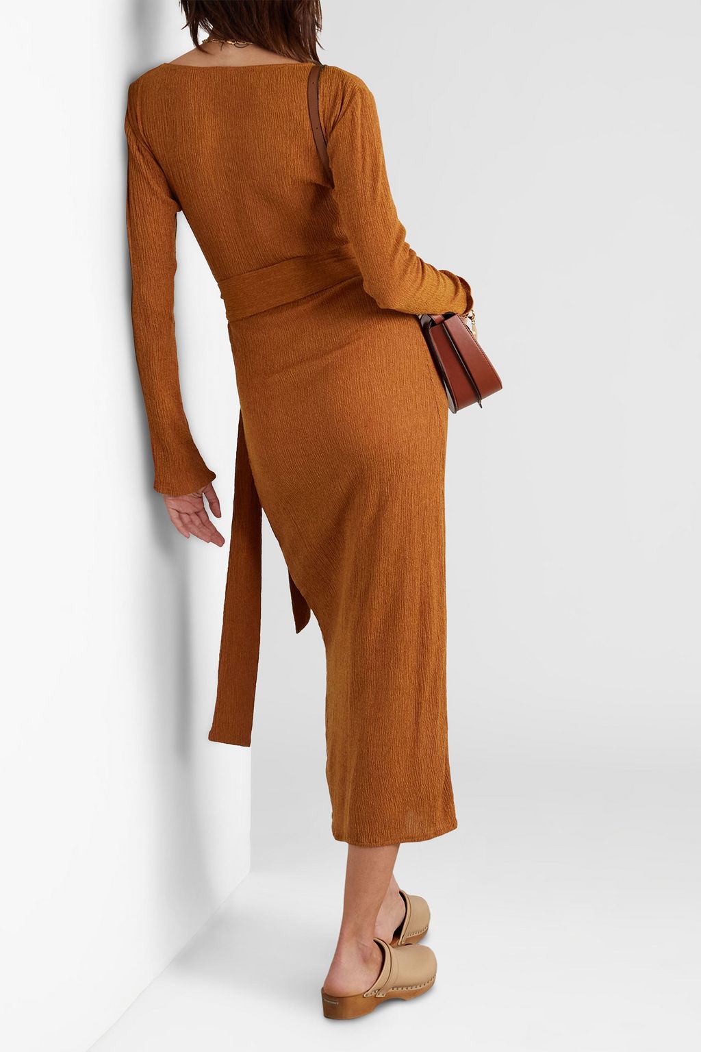 SAVANNAH MORROW Rum belted crinkled bamboo and silk-blend midi dress
