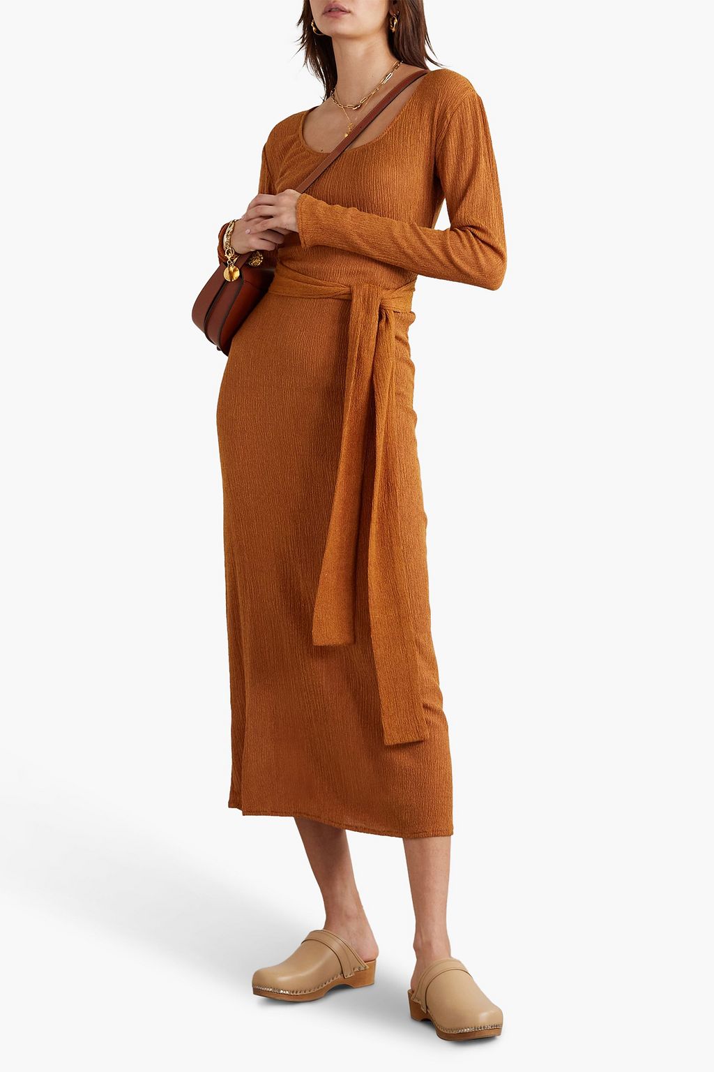 SAVANNAH MORROW Rum belted crinkled bamboo and silk-blend midi dress