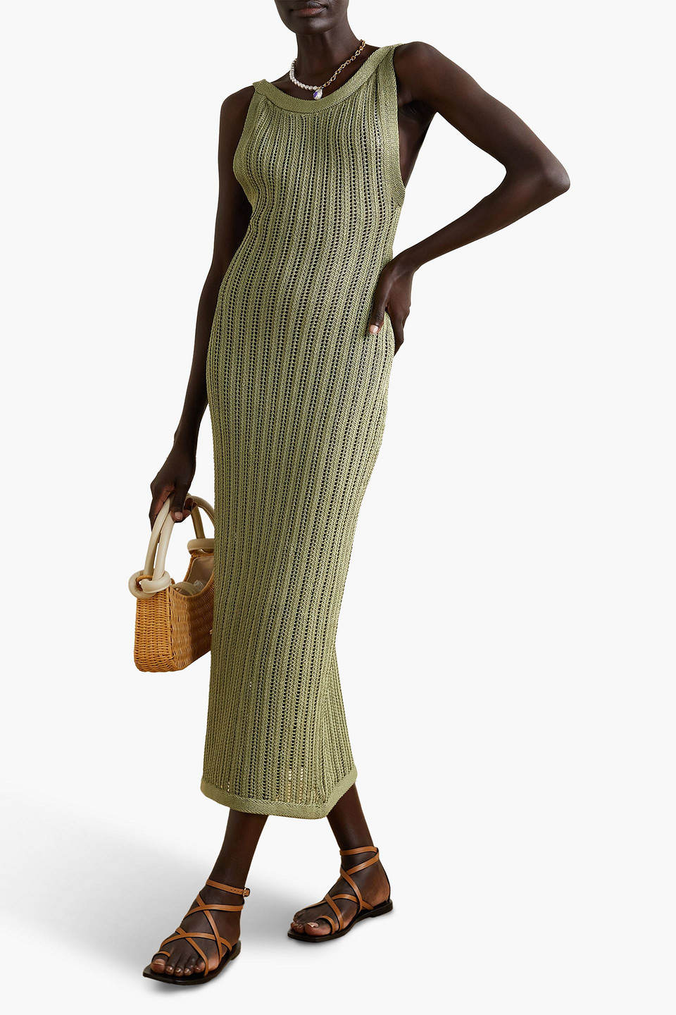 Shop Savannah Morrow North Open-back Crocheted Pima Cotton Maxi Dress In Sage Green