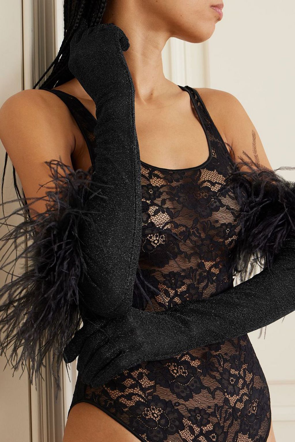 OSÉREE Lumière Plumage feather-trimmed metallic stretch-knit gloves