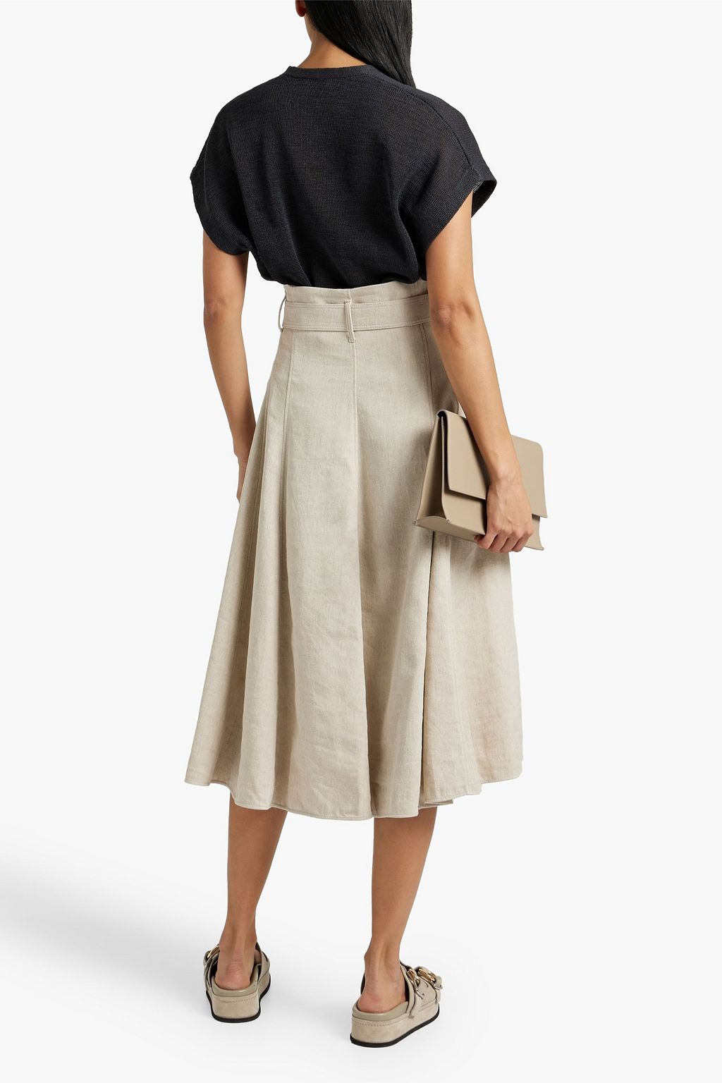 BRUNELLO CUCINELLI Pleated belted cotton and linen-blend midi skirt