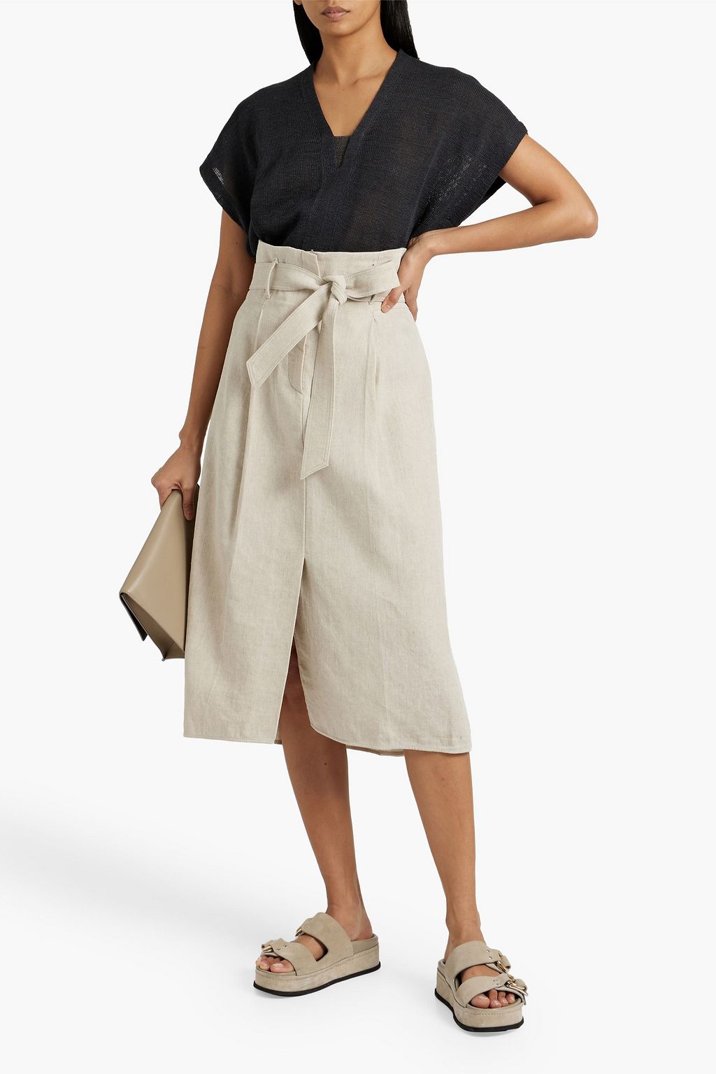 BRUNELLO CUCINELLI Pleated belted cotton and linen-blend midi skirt