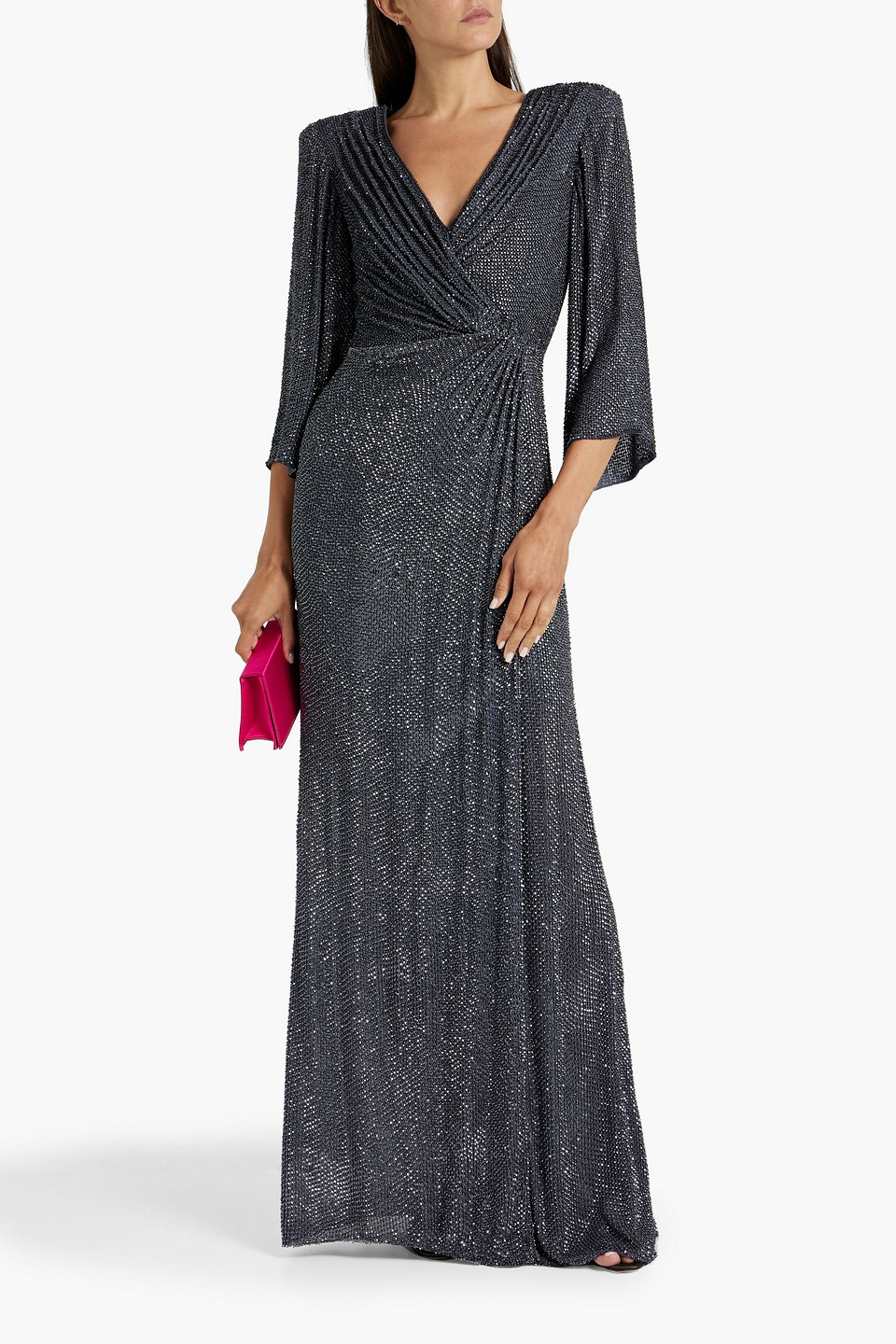 Shop Jenny Packham Luna Wrap-effect Embellished Chiffon Gown In Dark Gray