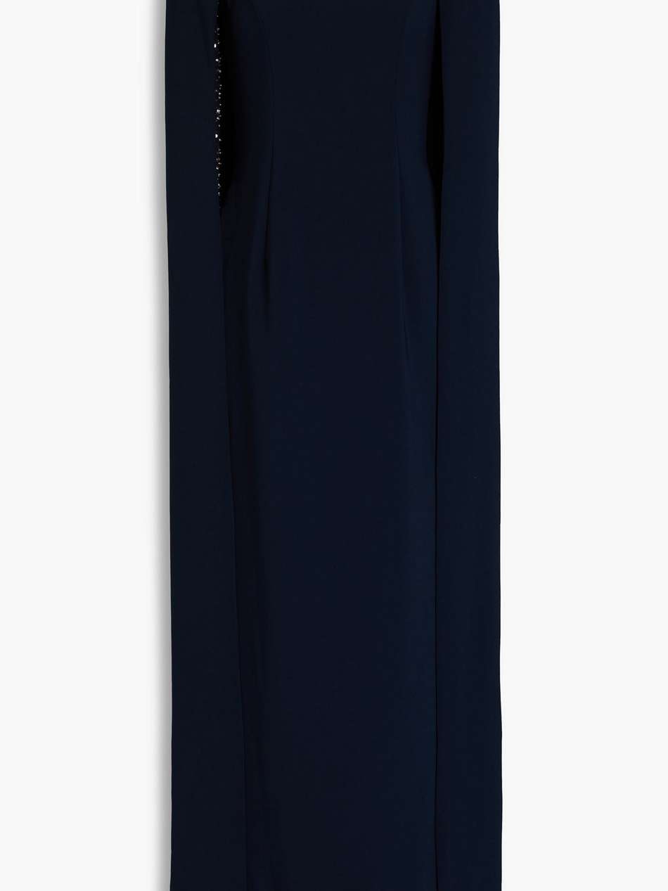 cape-effect embellished tulle-trimmed crepe gown