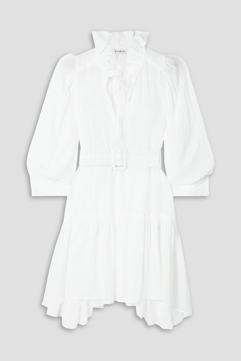 Evarae Marais Belted Tiered Tencel Lyocell Mini Dress In White