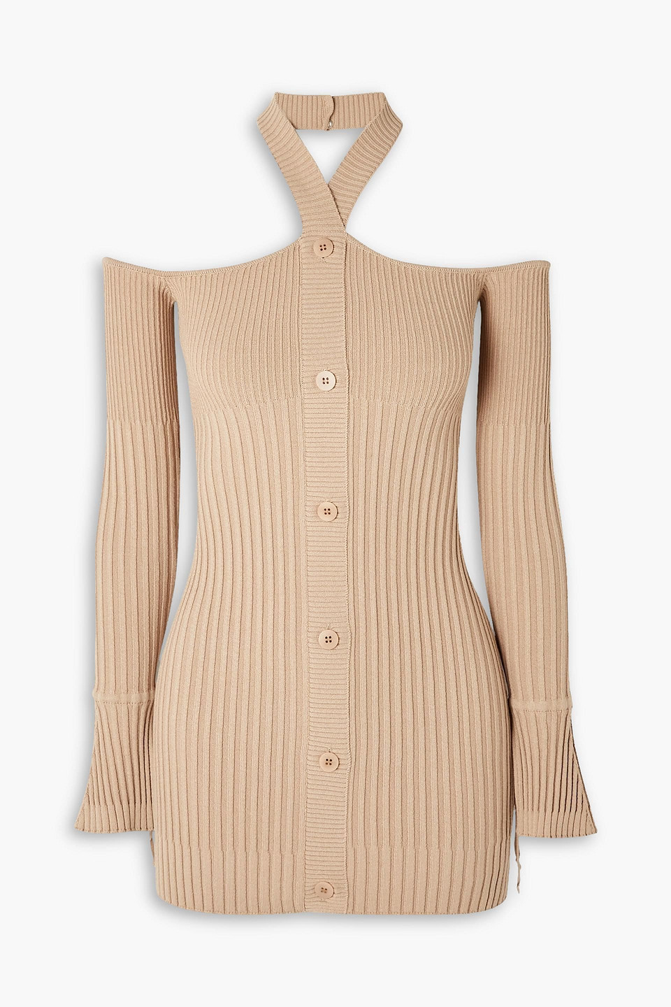 Andreädamo Cold-shoulder Button-embellished Ribbed-knit Top In Beige