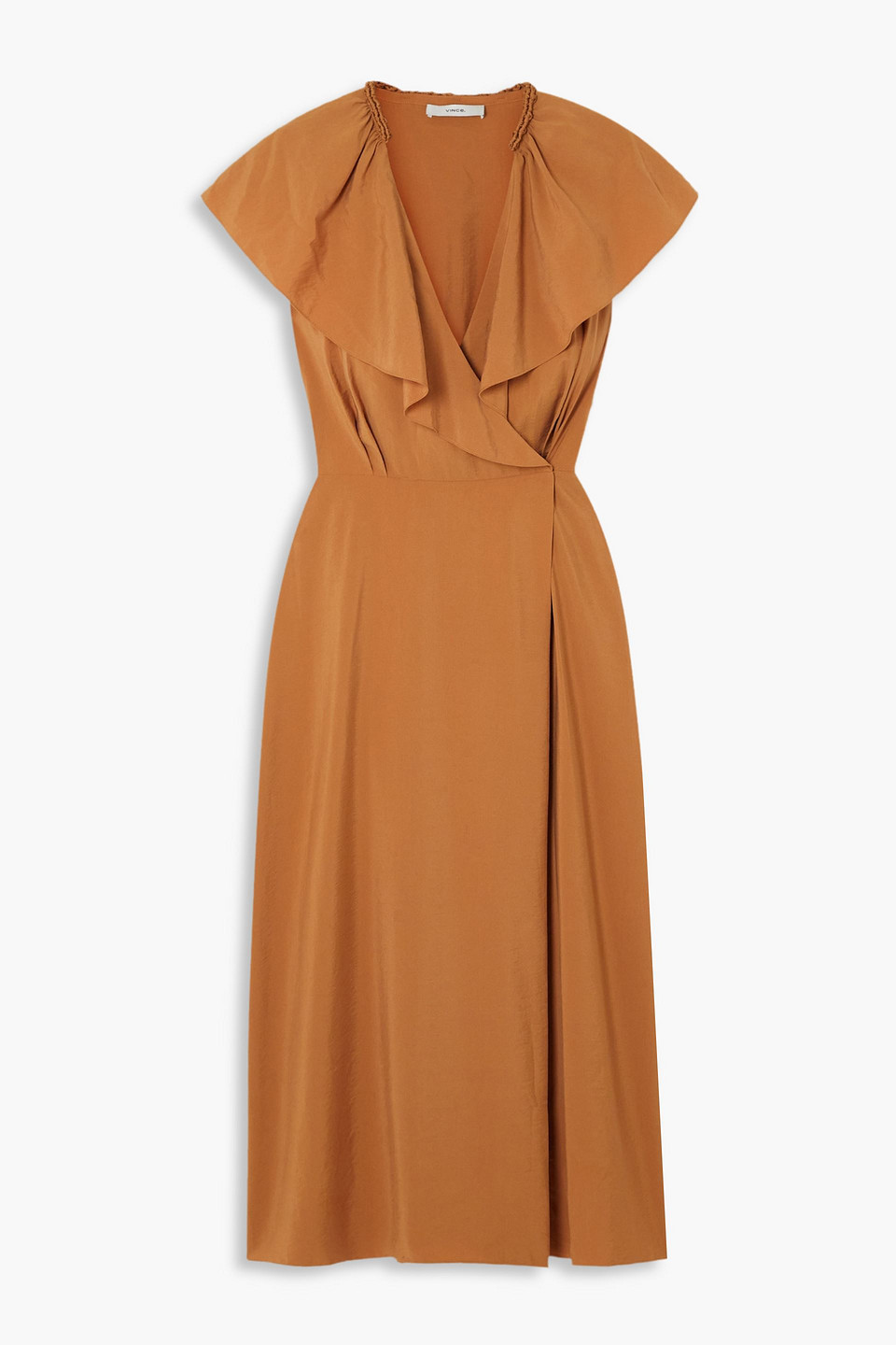 Vince Flutter-sleeve Belted Midi Wrap Dress In Camel