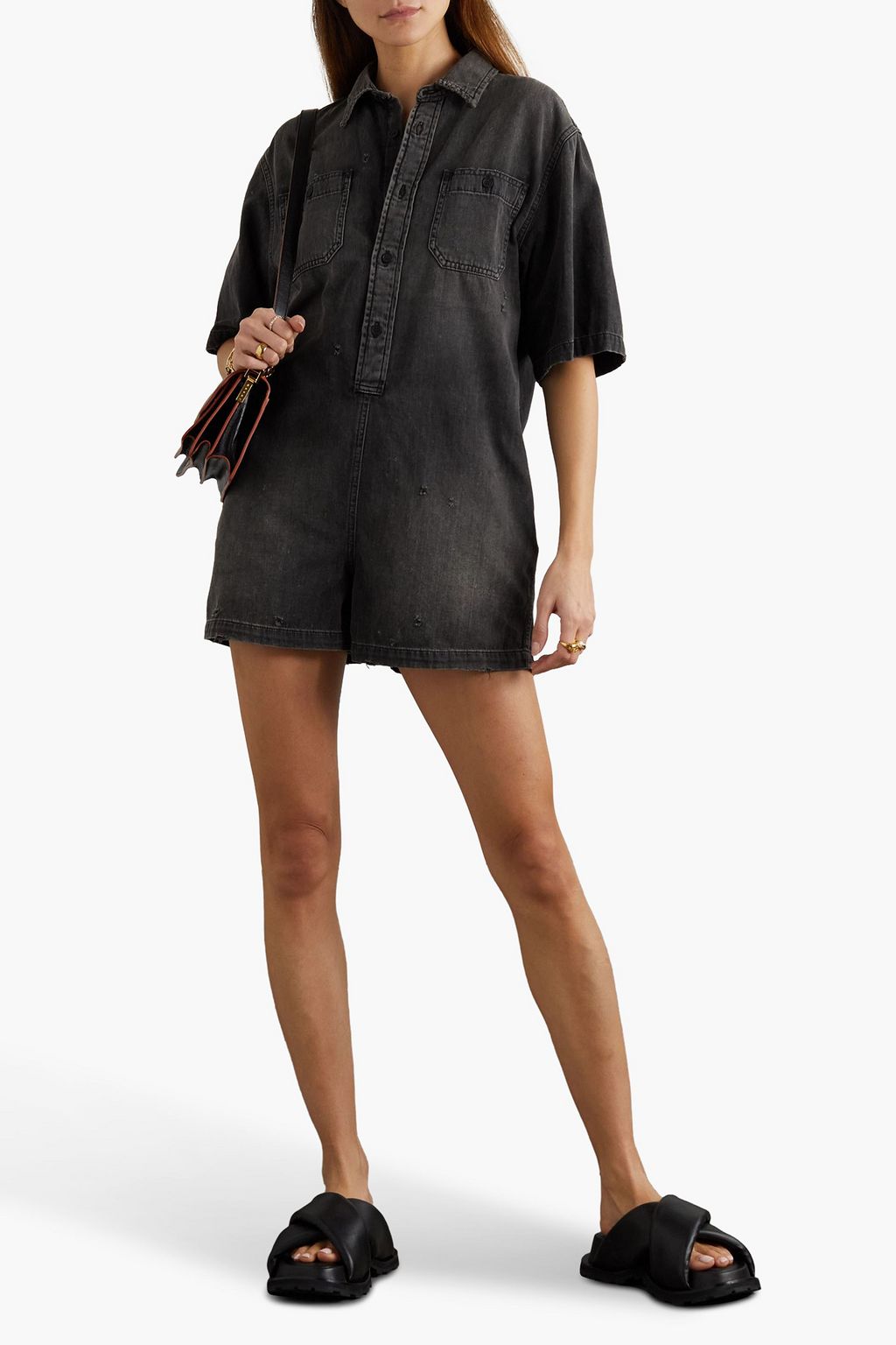 R13 Workwear distressed denim playsuit