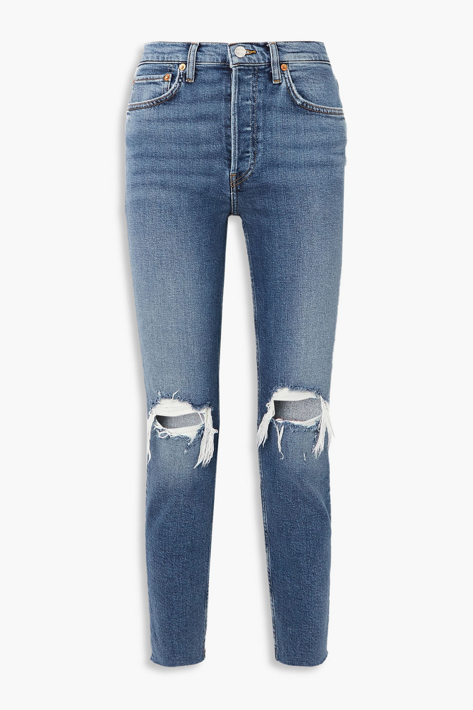 Re/done 90s Cropped Distressed High-rise Skinny Jeans In Mid Denim