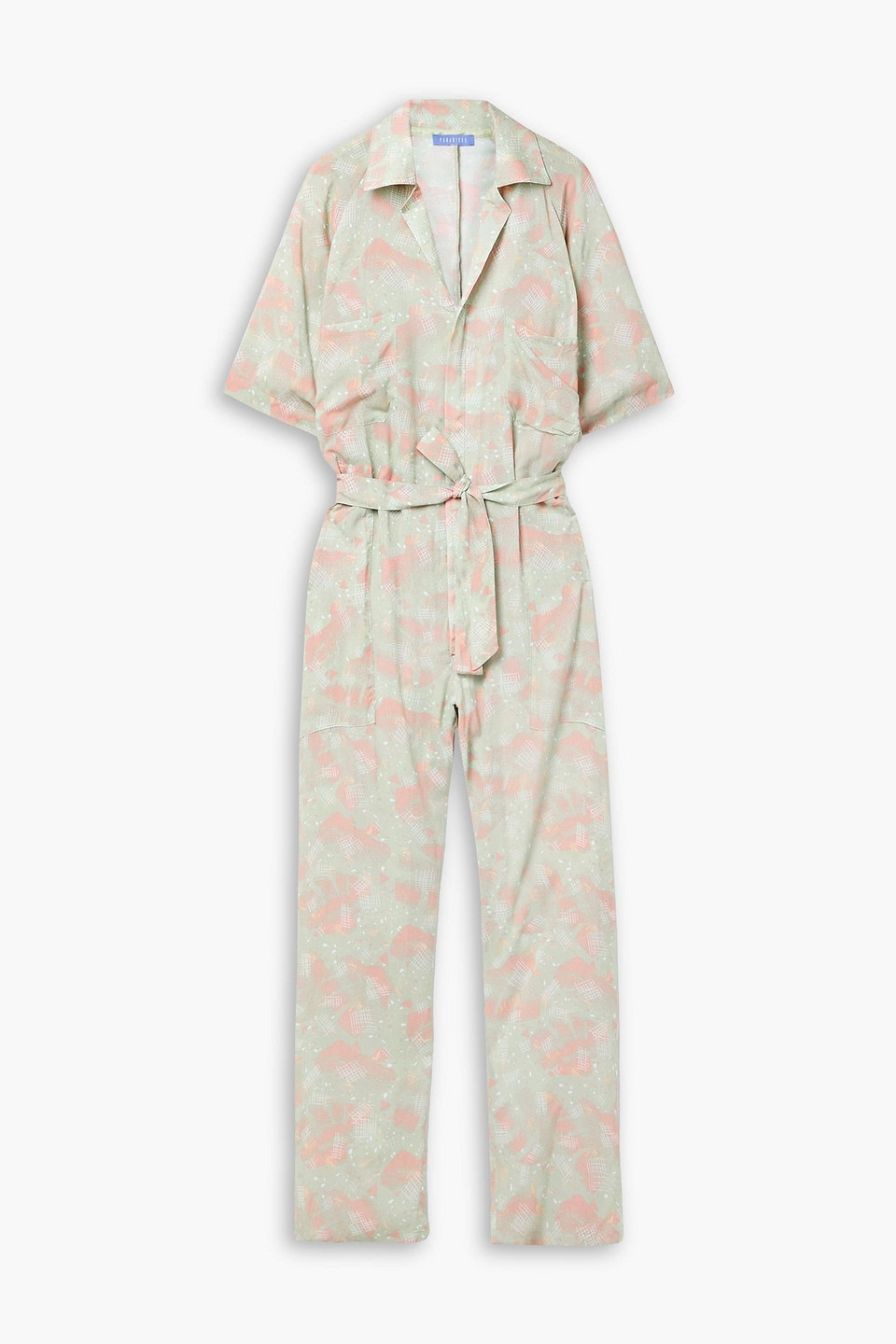 Paradised + Net Sustain Apres Belted Printed Voile Jumpsuit In Sage Green