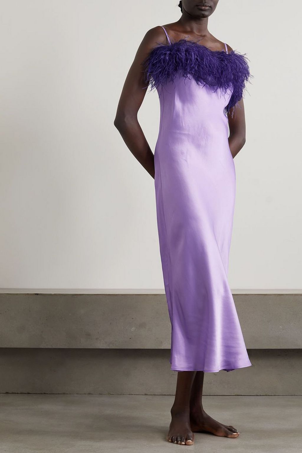 SLEEPER Boheme feather-trimmed LENZING™ ECOVERO™-satin maxi dress