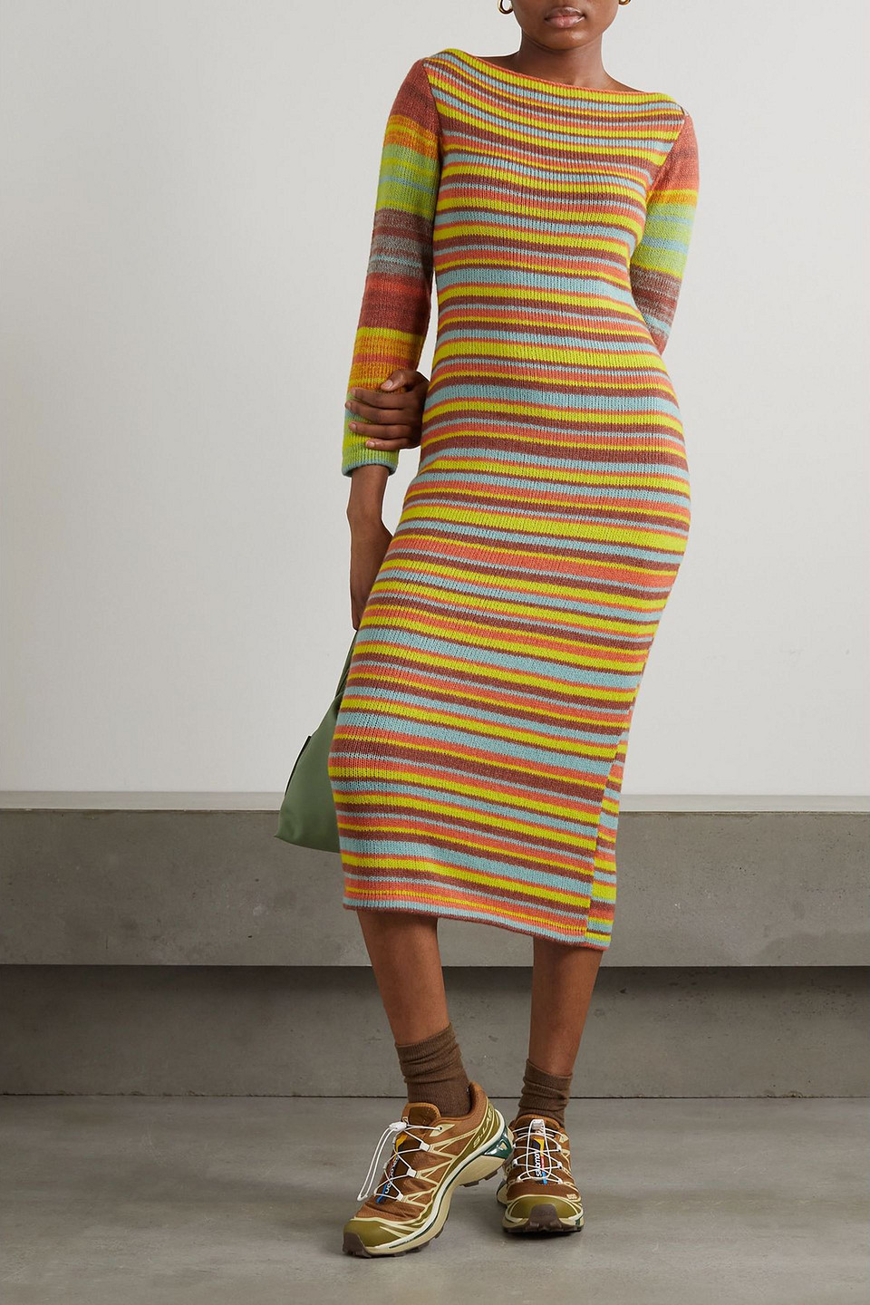 The Elder Statesman Nimbus Striped Cashmere And Cotton-blend Midi Dress In Multi