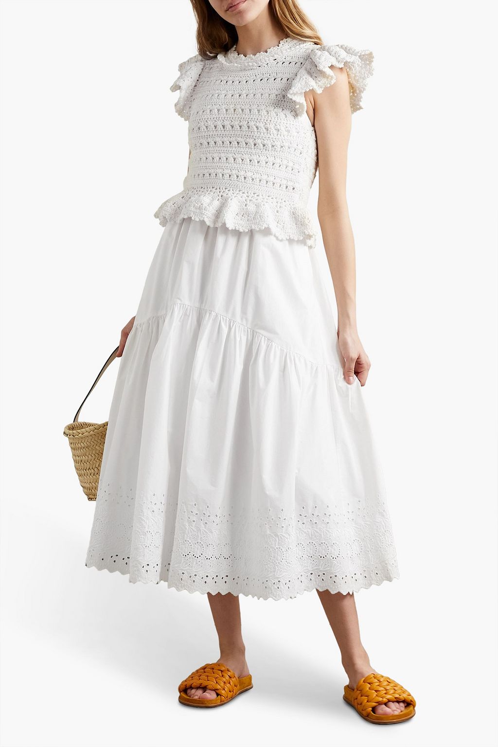 SEA Rylee convertible cutout broderie anglaise cotton and crochet midi dress