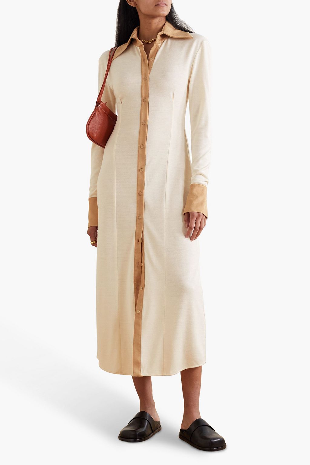 AAIZÉL Faux suede-trimmed jersey midi shirt dress