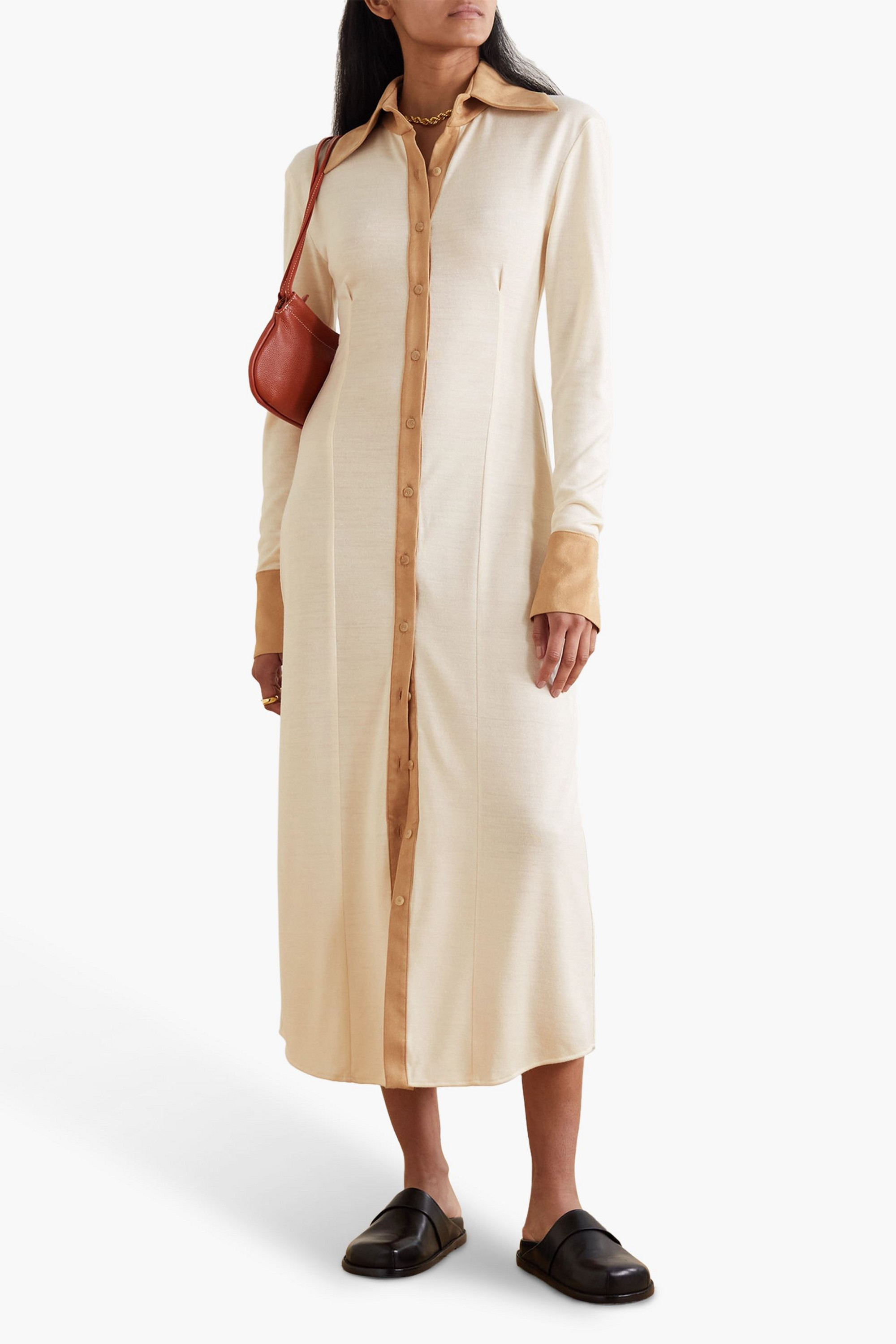 AAIZEL Faux suede-trimmed jersey midi shirt dress