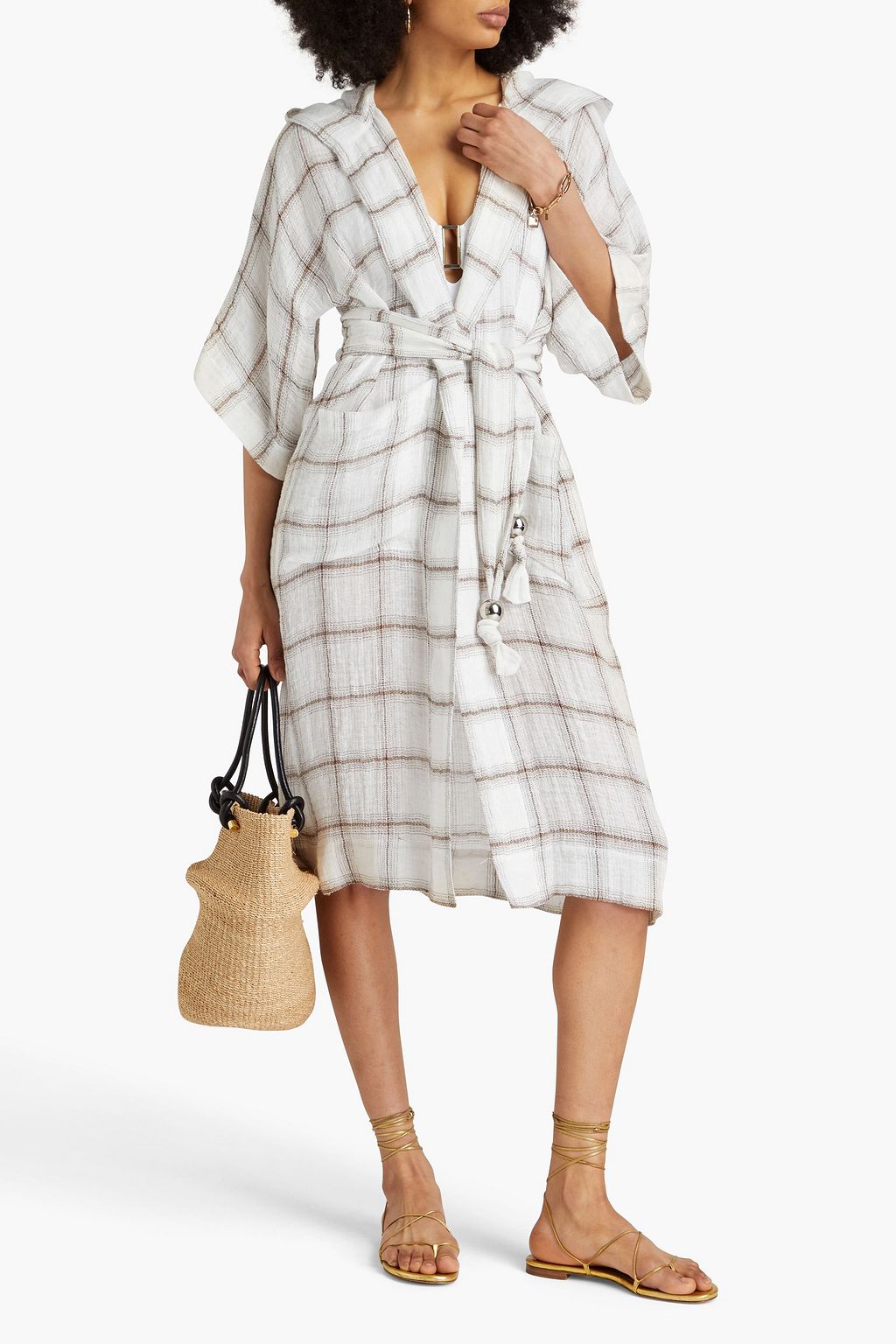 LISA MARIE FERNANDEZ Checked linen-blend gauze hooded robe